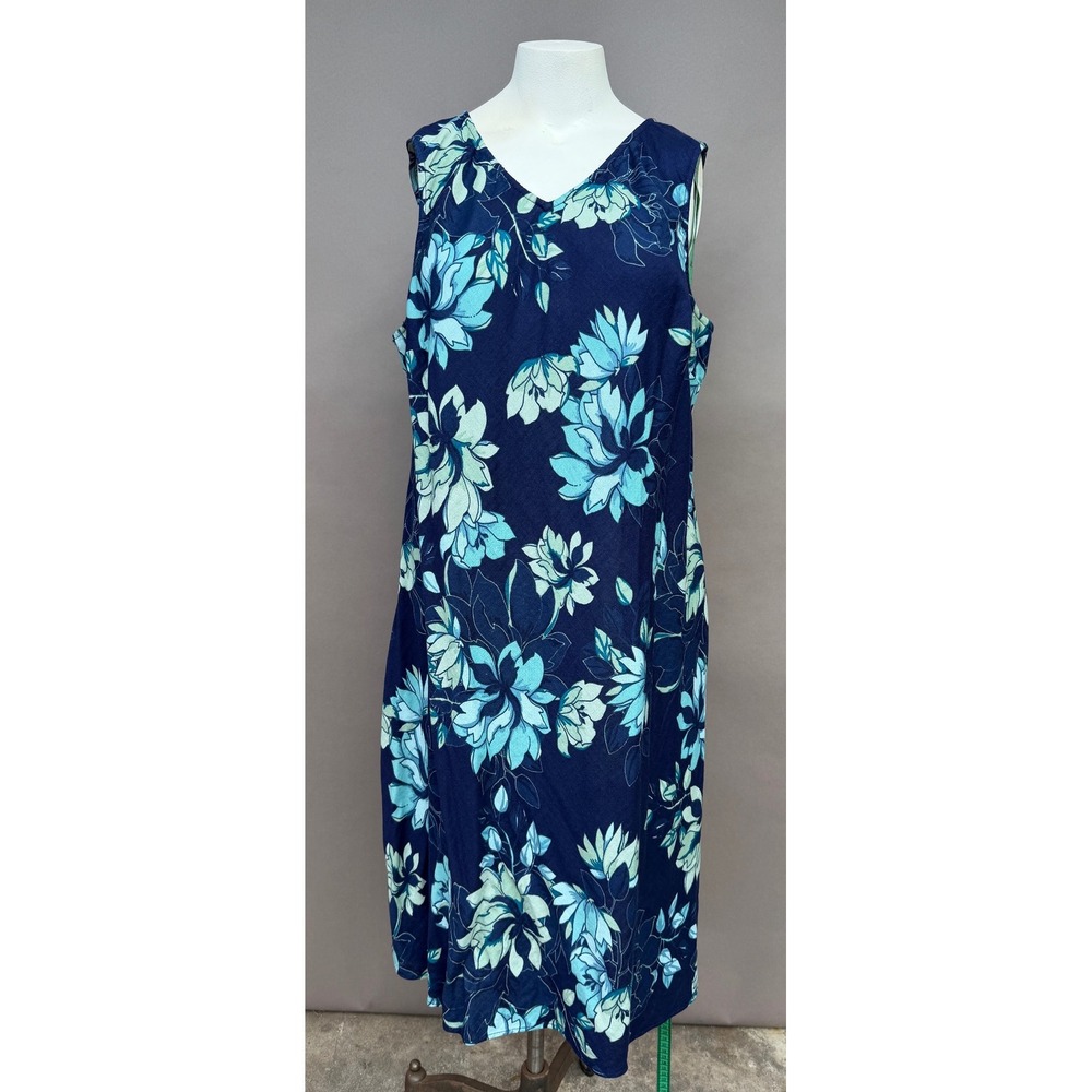 Coldwater Creek Dress 1X Navy Teal Floral Cotton Sleeveless Midi V-Neck Boho